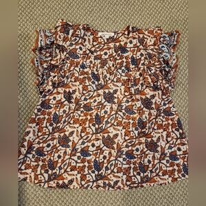 Love The Label Sleeveless Double Ruffle V Neck Block Print Shirt Sz MED